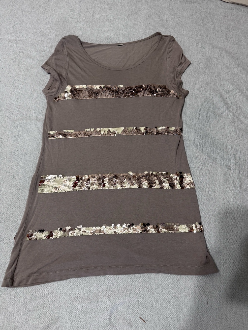 Kische Taupe Mini Dress with Gold and Brown Sequin Stripes